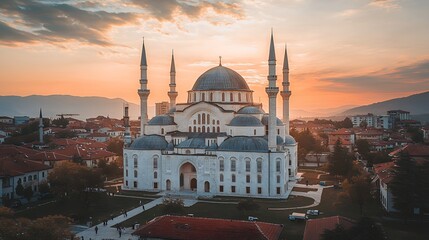 Fototapeta premium Majestic Sunset over the White Mosque in Pristina, Kosovo