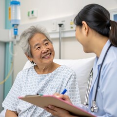 Caring Doctor Discusses Health with Smiling Elderly Patient in Hospital
