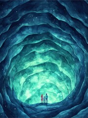 Obraz premium A mesmerizing cave scene with three figures standing in awe, surrounded by vibrant blue and green hues, evoking a sense of wonder and exploration.