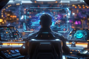 Futuristic Spaceship Bridge: A Lone Operator Navigates the Cosmos