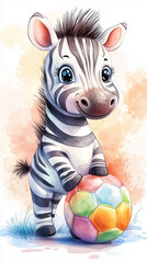 An adorable young zebra standing with a vibrant soccer ball, exuding joy and energy, perfect for children?s products or educational materials