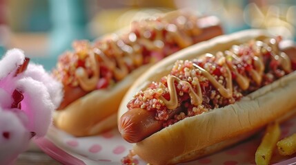 Two hot dogs topped with colorful condiments on a playful plate.