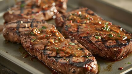 Grilled steaks topped with a savory sauce, ready to be served.