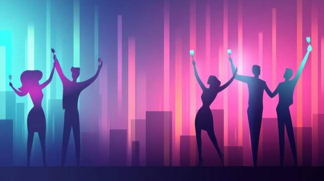 Vibrant Nightlife Celebration with Abstract Silhouettes Raising Glasses in a Colorful Cityscape Background