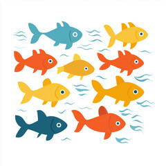 Naklejka premium A group of goldfish swimming in water, depicted in a clean, modern vector style with vibrant colors and flowing water details.