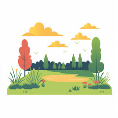 Obraz premium A beautiful outdoor landscape featuring a grassy lawn with trees and a bright sun, depicted in a clean and vibrant vector style.