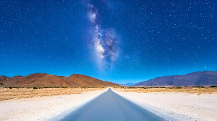 Desert highway Milky Way night sky starscape, travel poster