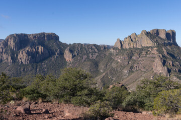 A scenic view of Chisos Basin in Big Bend National Park, Texas.