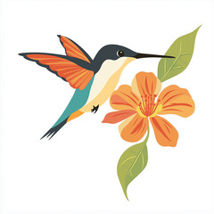 Fototapeta premium A colorful hummingbird hovering by a flower, depicted in clean, crisp vector style with bold and beautiful colors.