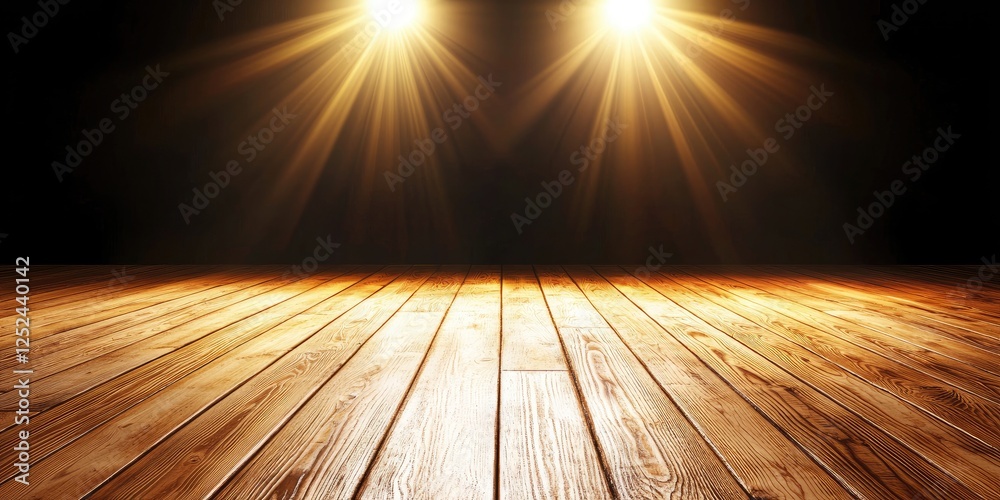 Fototapete bright stage lights on dark background illuminating wooden floor with striking rays in a theatrical 