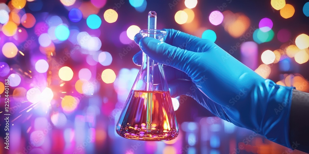 Poster hand in blue glove holding laboratory flask with colorful liquid against vibrant bokeh background of