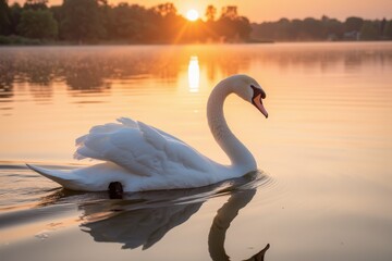 Fototapeta premium An image of a white swan swimming in a golden-lit atmosphere.