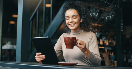 Business, tablet or woman in restaurant, coffee or remote work with email notification. Person, copywriting or freelancer with tech, smile or internet for article, content creation or review for cafe