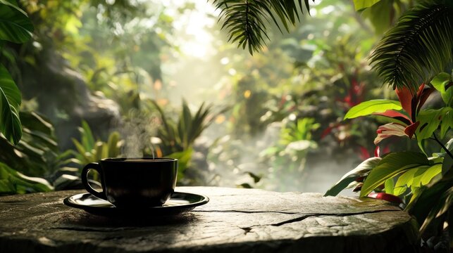 Steaming coffee cup amidst vibrant rainforest foliage and morning sunlight
