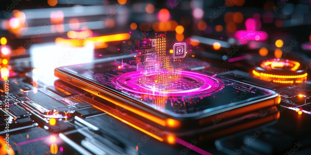 Poster Futuristic Smartphone with Glowing Circuitry and Digital Interface Amidst Technology Background for Modern Innovations in Tech Industry