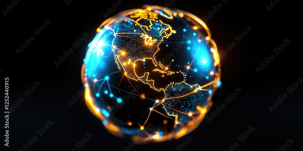Poster Abstract representation of a glowing globe showcasing interconnected networks and bright lights symbolizing global communication and technology advancement