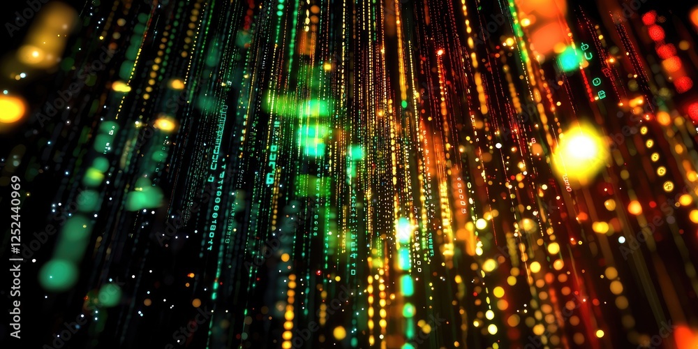 Poster Abstract digital background with colorful light streaks and binary code flow, representing technology, data, and innovation in a vibrant design