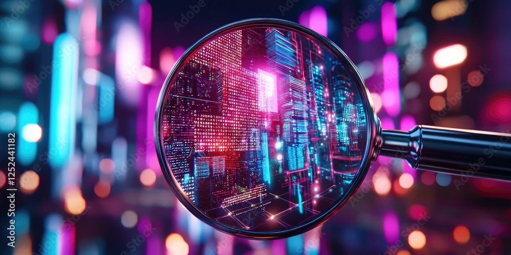 Poster a close-up view of a magnifying glass focusing on a colorful neon cityscape illustrating urban techn