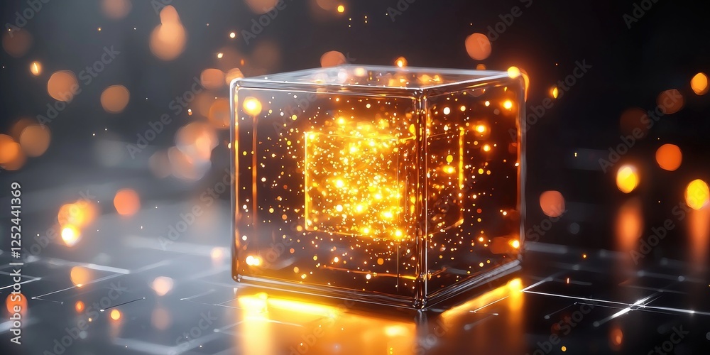 Poster Glowing Transparent Cube with Golden Particles in a Dark Futuristic Environment Showcasing 3D Light Effects and Sparkling Background