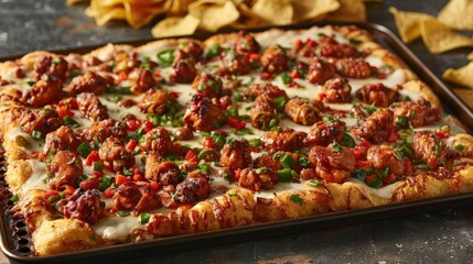 A delicious pizza topped with chicken, cheese, and vegetables on a baking tray.