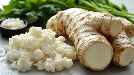 Fresh horseradish roots and grated pieces with parsley on a light surface. Generative AI