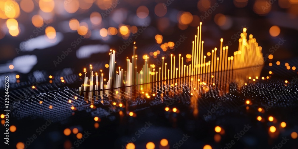 Poster Abstract digital visualization of sound waves represented by glowing orange and yellow bars on a circuit board background with soft bokeh effect