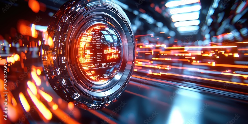 Aufkleber Futuristic Technology Concept with Glowing Orb and Light Trails Representing Data Transfer in a High-Tech Environment