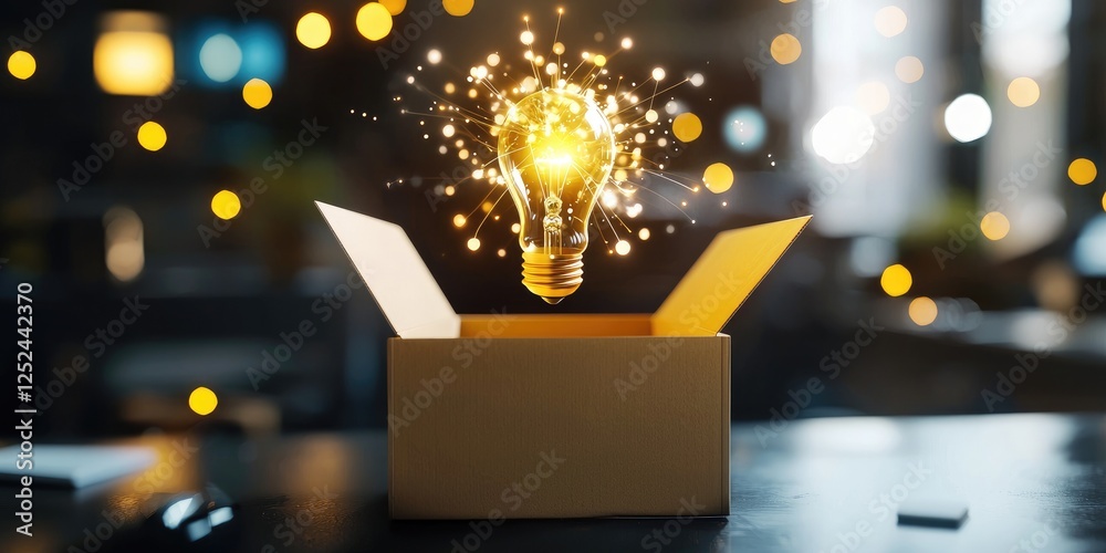 Poster illuminating ideas generated from a cardboard box with sparkling light effects against a blurred bac
