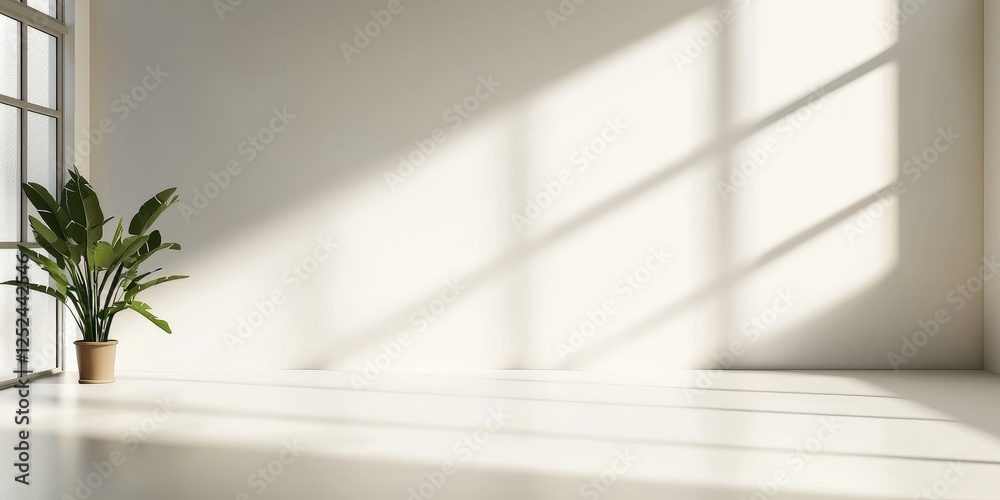 Poster bright and spacious room with plant in pot highlighted by soft shadows and natural light on minimali