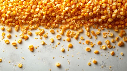 Close-up of scattered corn kernels on a white background with details. Generative AI