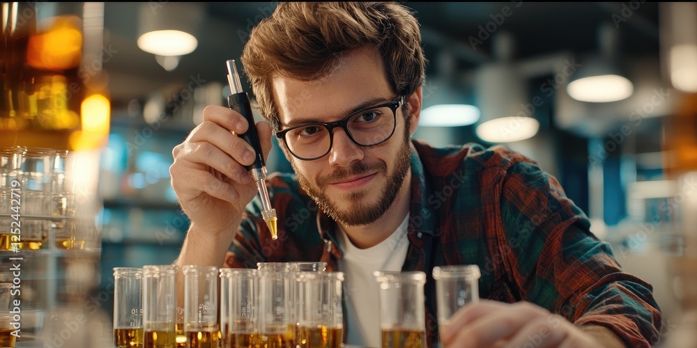 Poster young male scientist conducts experiment with test tubes and pipette in modern laboratory setting, s