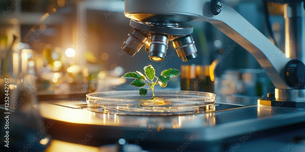 Poster close-up view of a microscope focusing on a small green plant growing in a petri dish in a laborator