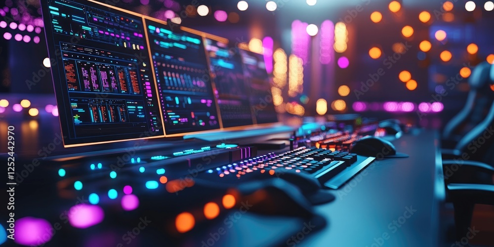 Aufkleber Modern Computer Setup with Multi-Screen Displays and Colorful LED Lighting in a High-Tech Environment for Gaming and Technology Enthusiasts