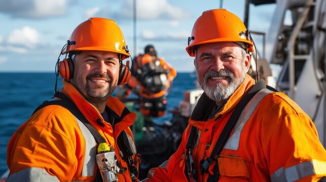 Two Maritime Workers in Safety Gear Smiling at the Camera While Onboard a Vessel in the Ocean, Showcasing Teamwork and Professionalism in Marine Operations