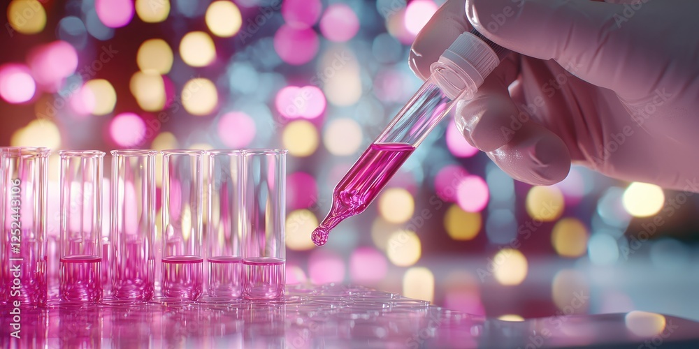 Leinwandbilder Close-up of a laboratory hand holding a pipette dropping pink liquid into glass test tubes with colorful bokeh background creating a scientific atmosphere