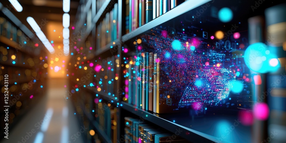 Aufkleber Modern Library with Bookshelves and Abstract Digital Elements Illustrating the Intersection of Knowledge and Technology in a Contemporary Setting