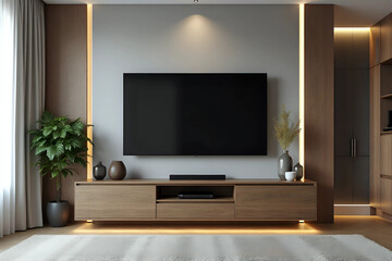 Interior of stylish room with modern TV stand near light wall. Front view.