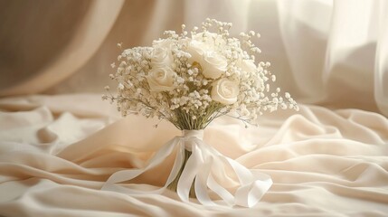 Fototapeta premium Elegant Bridal Bouquet of White Roses and Baby's Breath on Cream Colored Silk Fabric