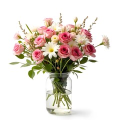 Fototapeta premium Beautiful Bouquet of Pink Roses White Daisies and Greenery in Glass Vase