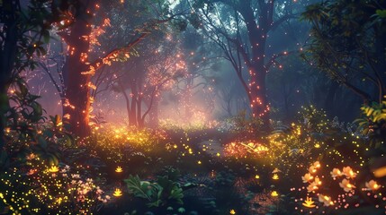 Fototapeta premium A magical forest at night with glowing lights.
