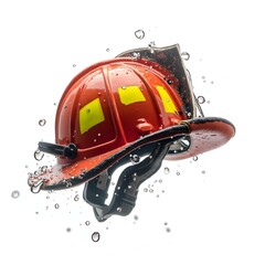 Naklejka premium Water Soaked Firefighter Helmet Emergency Rescue Safety Gear Closeup