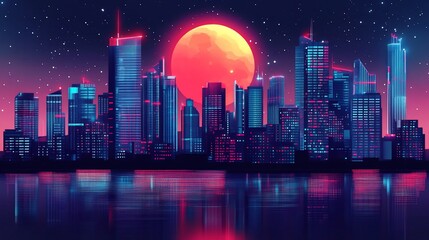 Fototapeta premium Neon Cityscape at Night under a Crimson Moon: A Retrofuturistic Digital Painting