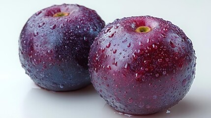 Obraz premium Fresh and Moist Plums with Water Drops on a White Background. Generative AI