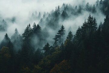 Misty mountain forest with evergreen trees.