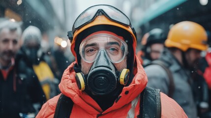 Obraz premium A Group of Resilient Rescue Workers in Orange and Yellow Protective Gear Amidst Snowy Conditions During an Emergency Situation in an Urban Environment