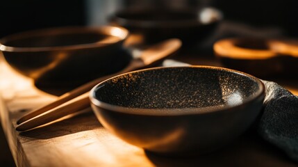 Dark ceramic bowls, wooden chopsticks, sunlit table, rustic background, food photography