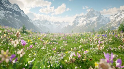 Fototapeta premium Vibrant wildflower blooming mountain valley landscape bright day close-up natural beauty