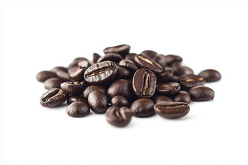 Fototapeta premium Top view coffee beans isolated on white background, Selective focus roasted coffee beans on white background.