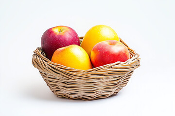Selective focus red apple and orange in rattan basket isolated on white background.