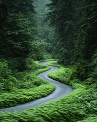 Serene river winding through lush forest nature landscape tranquil environment aerial view harmony of nature